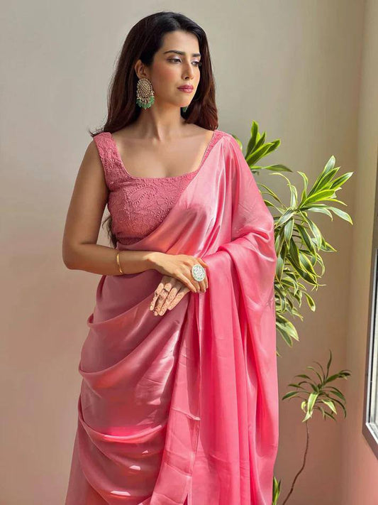 Ruffle Elegance pink lehnga saree with embroidered blouse