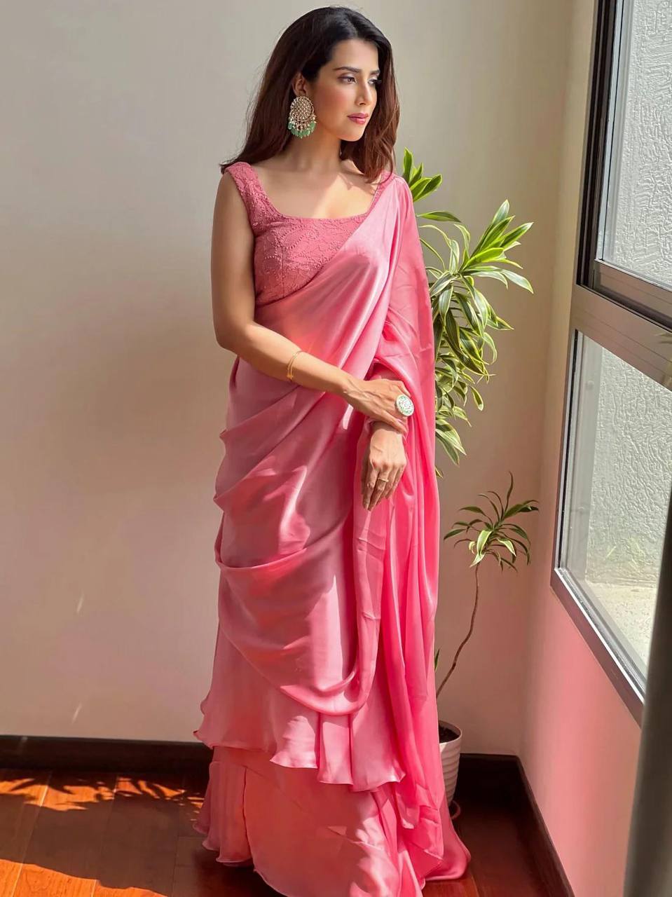 Ruffle Elegance pink lehnga saree with embroidered blouse