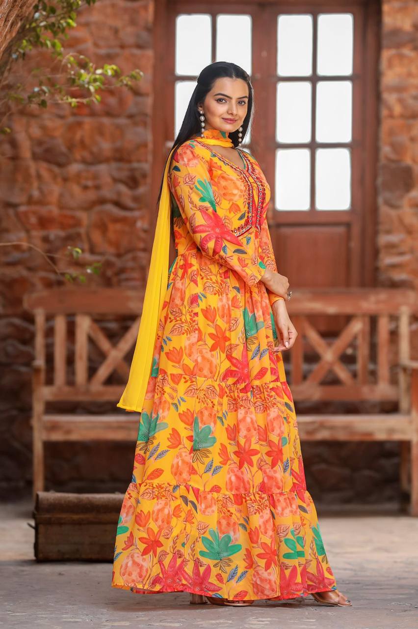 Georgette Anarkali Gown with Maltiprint & Embroidered Lace Dupatta – Elegant & Comfortable for Any Occasion