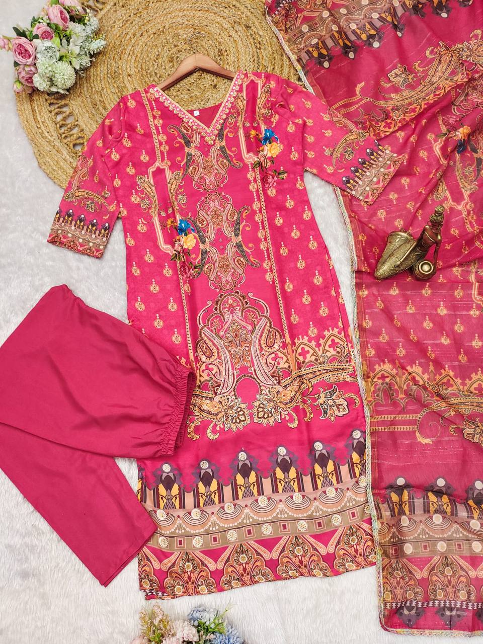 Luxurious Satin Kurti Set with Heavy Stonework, Silk Pant & Embroidered Dupatta | Multi-Print Design | Sizes M-3XL