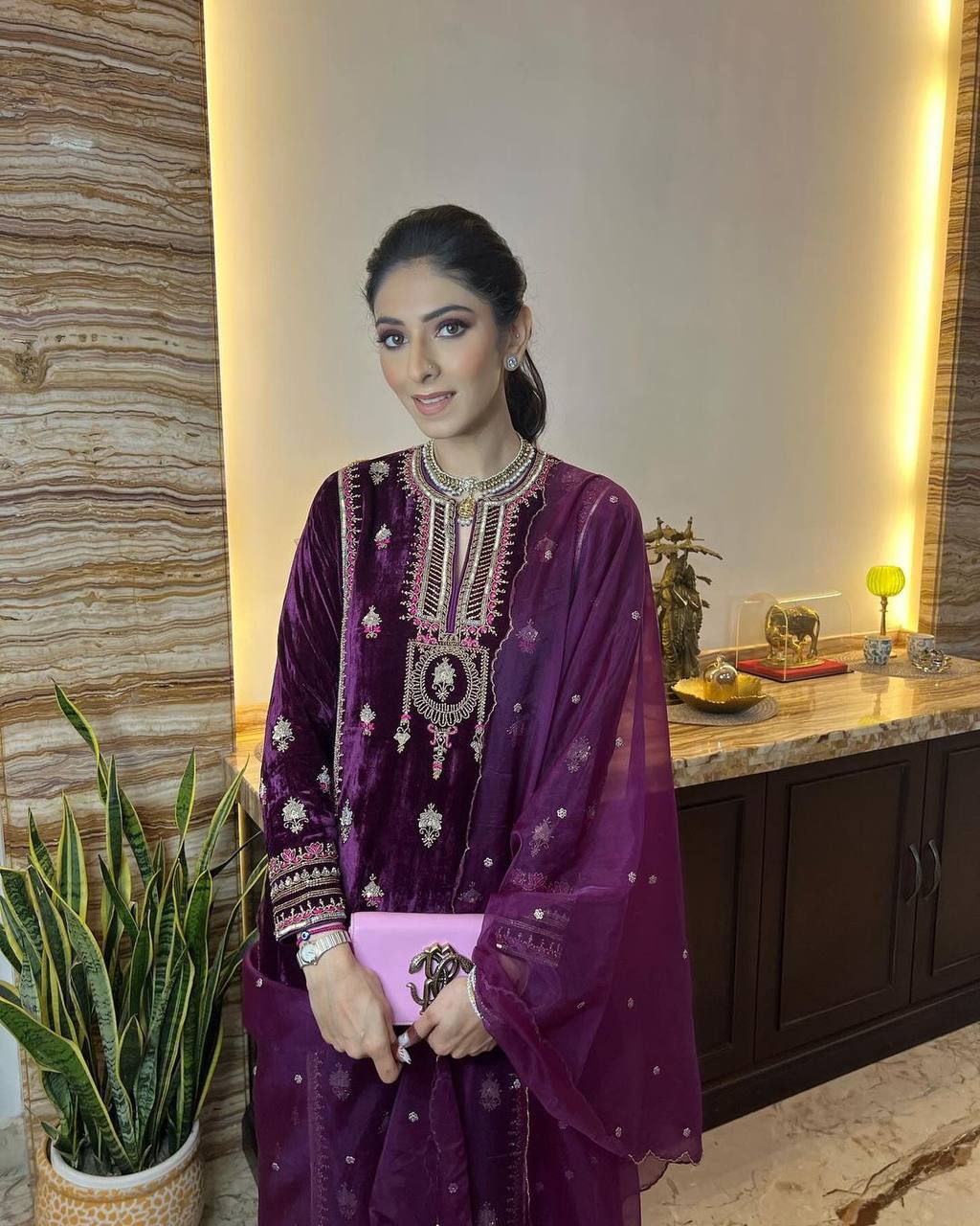 "Winter Wedding Velvet Cording Sequin Embroidery Suit with Dupatta – Elegant and Stylish"