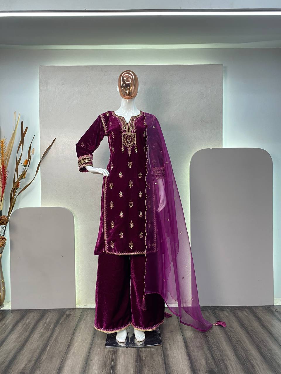 "Winter Wedding Velvet Cording Sequin Embroidery Suit with Dupatta – Elegant and Stylish"