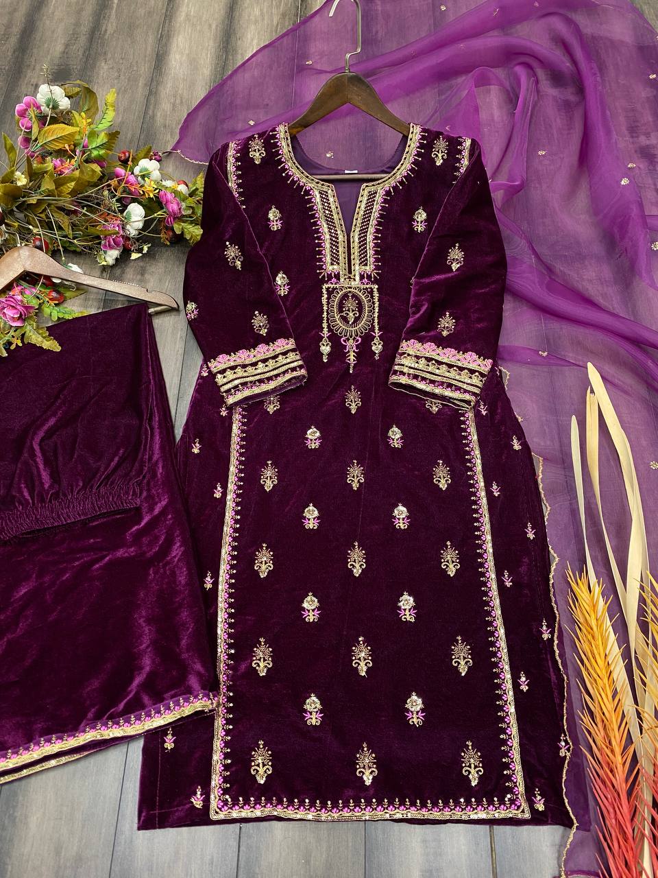 "Winter Wedding Velvet Cording Sequin Embroidery Suit with Dupatta – Elegant and Stylish"