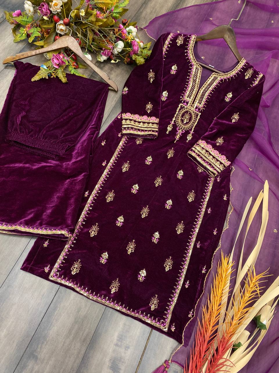 "Winter Wedding Velvet Cording Sequin Embroidery Suit with Dupatta – Elegant and Stylish"