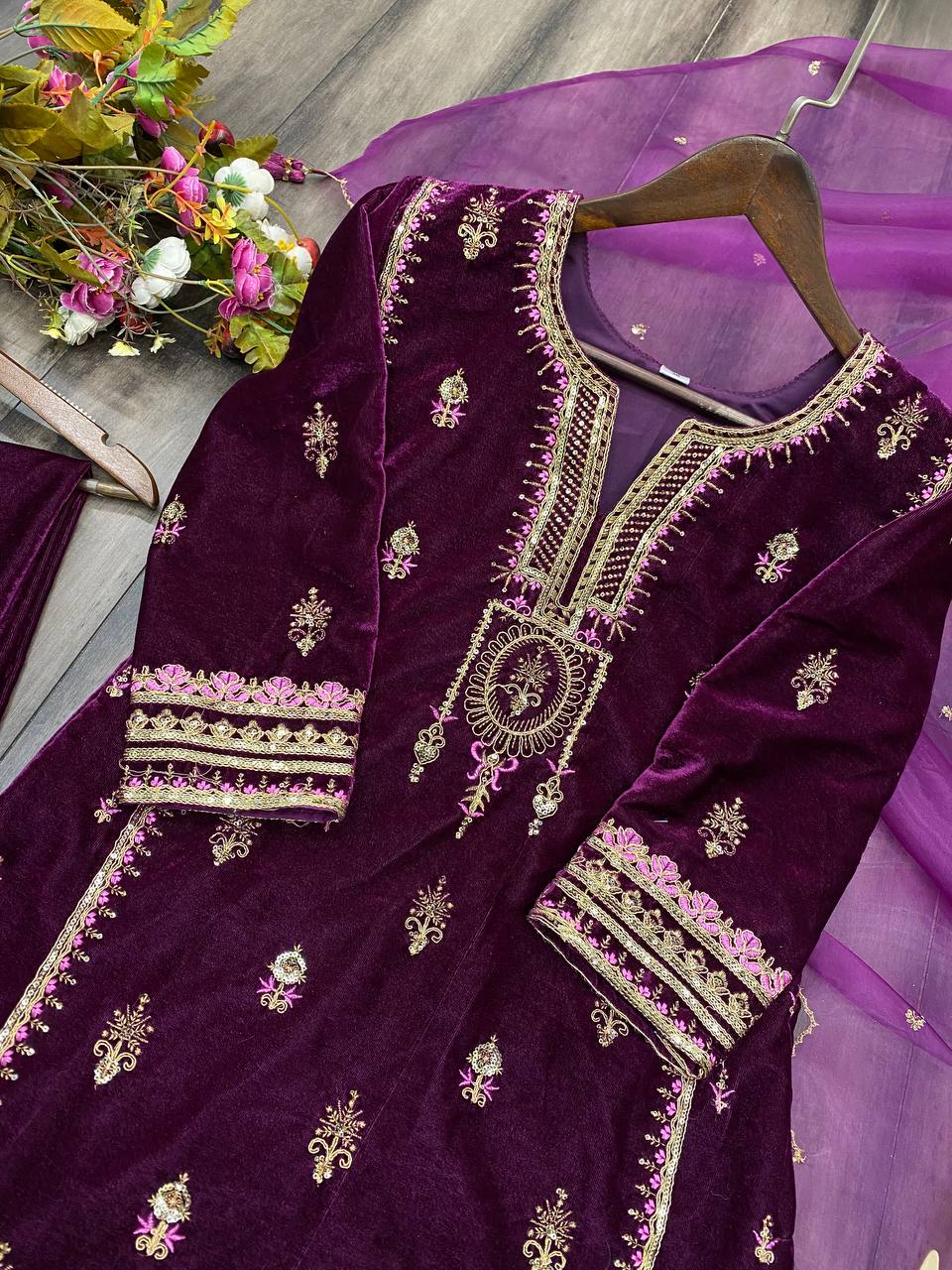 "Winter Wedding Velvet Cording Sequin Embroidery Suit with Dupatta – Elegant and Stylish"