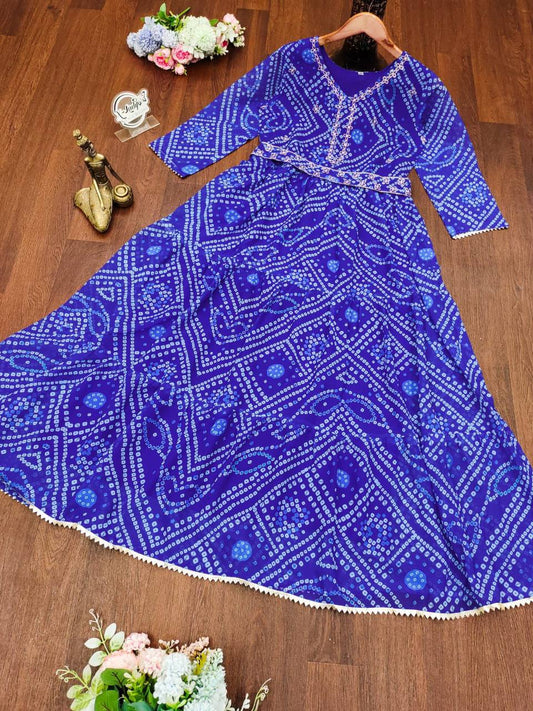 Elegant Blue Bandhani Maxy Gown with Belt – Geometric Embroidery & Effortless Style