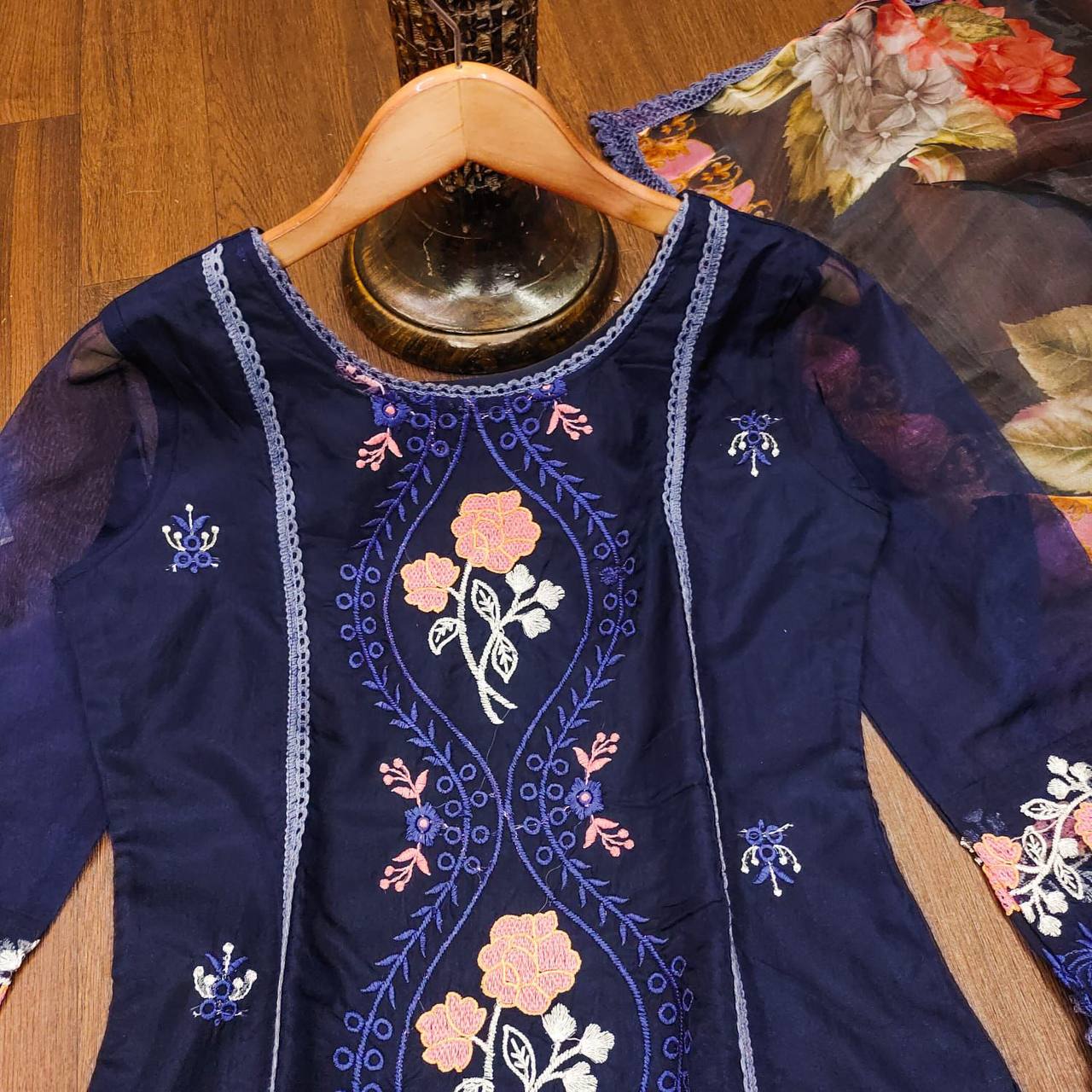 Elegant Pakistani Embroidered Organza Suit Set in Blue & Brown – Perfect for Festive Celebrations