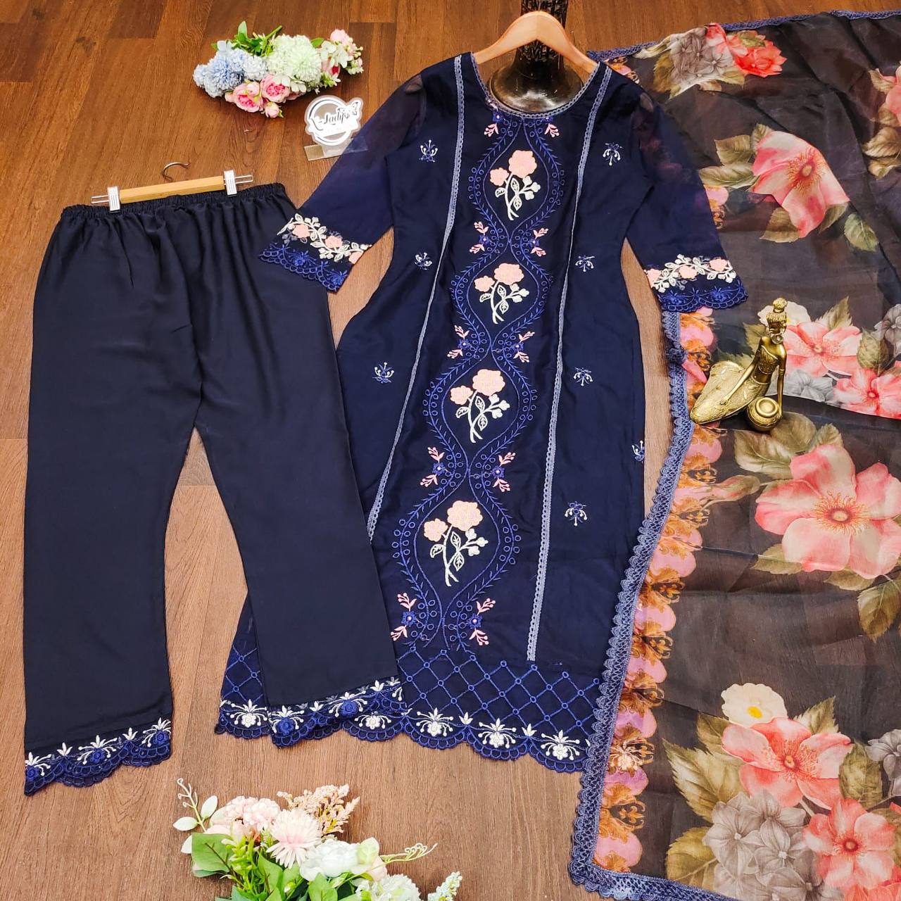 Elegant Pakistani Embroidered Organza Suit Set in Blue & Brown – Perfect for Festive Celebrations