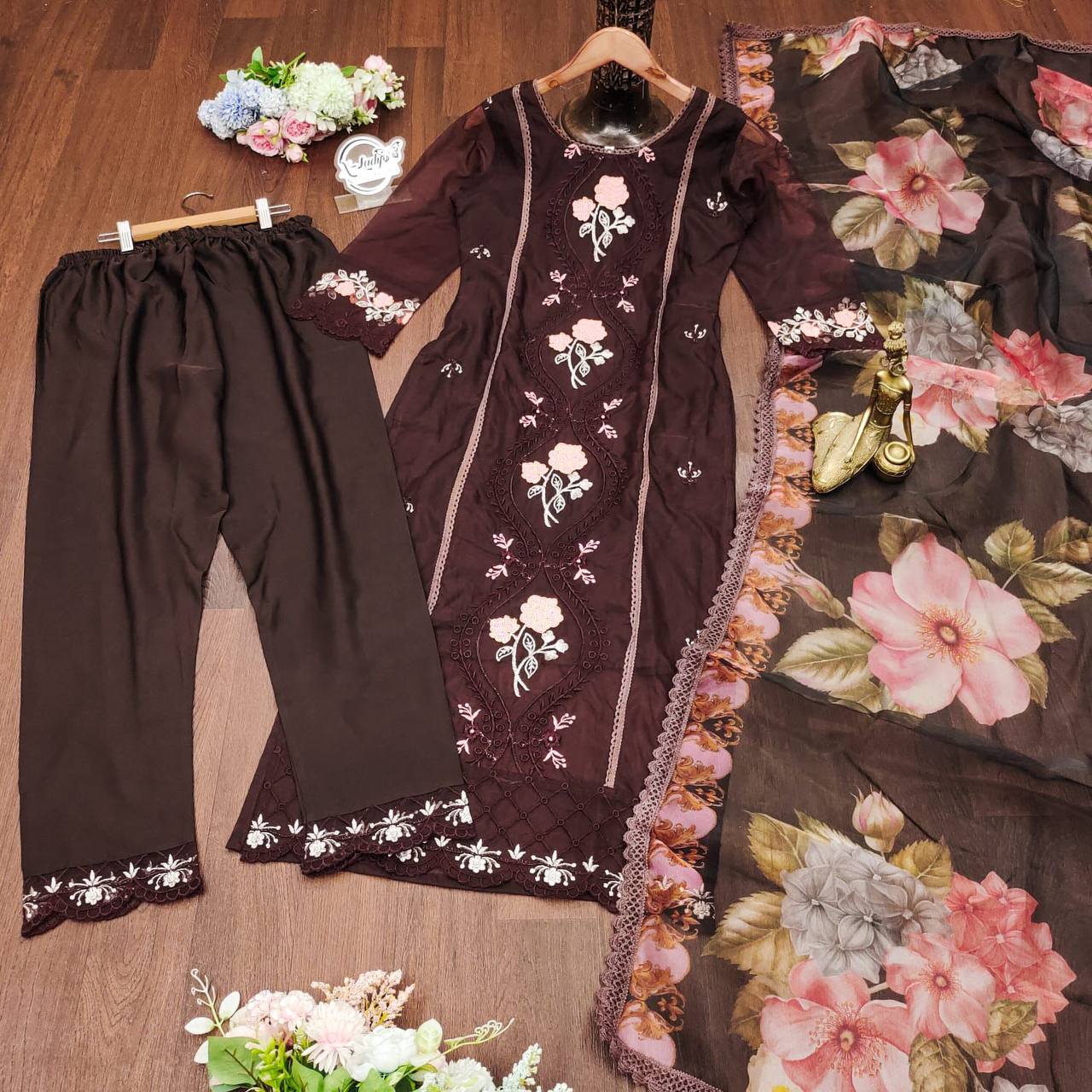 Elegant Pakistani Embroidered Organza Suit Set in Blue & Brown – Perfect for Festive Celebrations