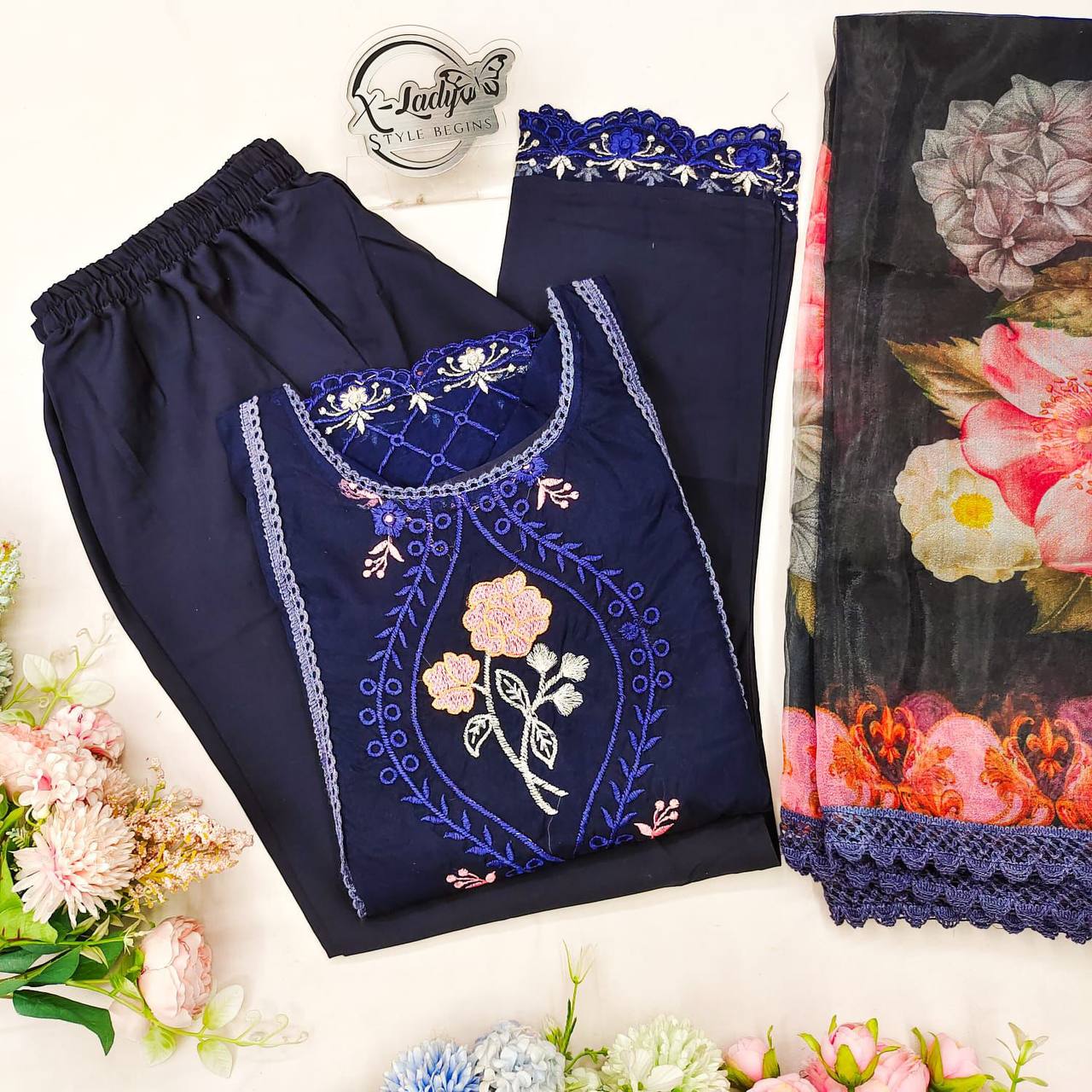 Elegant Pakistani Embroidered Organza Suit Set in Blue & Brown – Perfect for Festive Celebrations