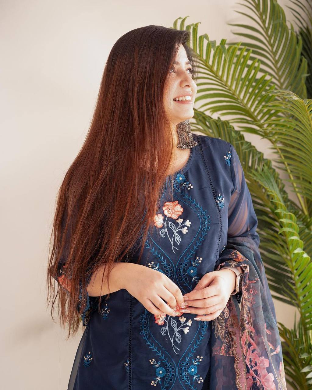 Elegant Pakistani Embroidered Organza Suit Set in Blue & Brown – Perfect for Festive Celebrations