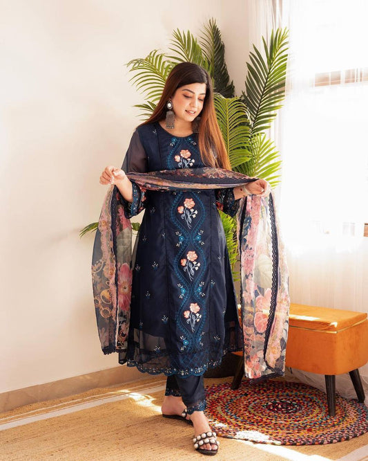 Elegant Pakistani Embroidered Organza Suit Set in Blue & Brown – Perfect for Festive Celebrations