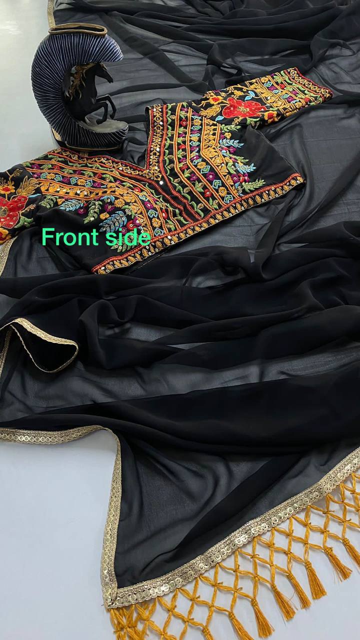 "Designer Faux Georgette Saree with Elegant Pallu Latkan Lace and Sequin Embroidered Blouse"