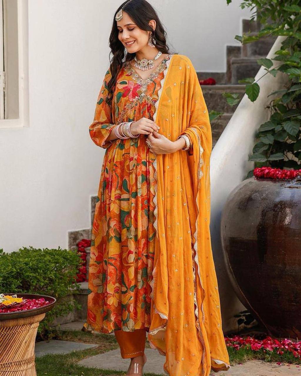 Exquisite Fox Georgette Alia Cut Suit Set with Mirror Work, Hand Embroidery & Lace Dupatta