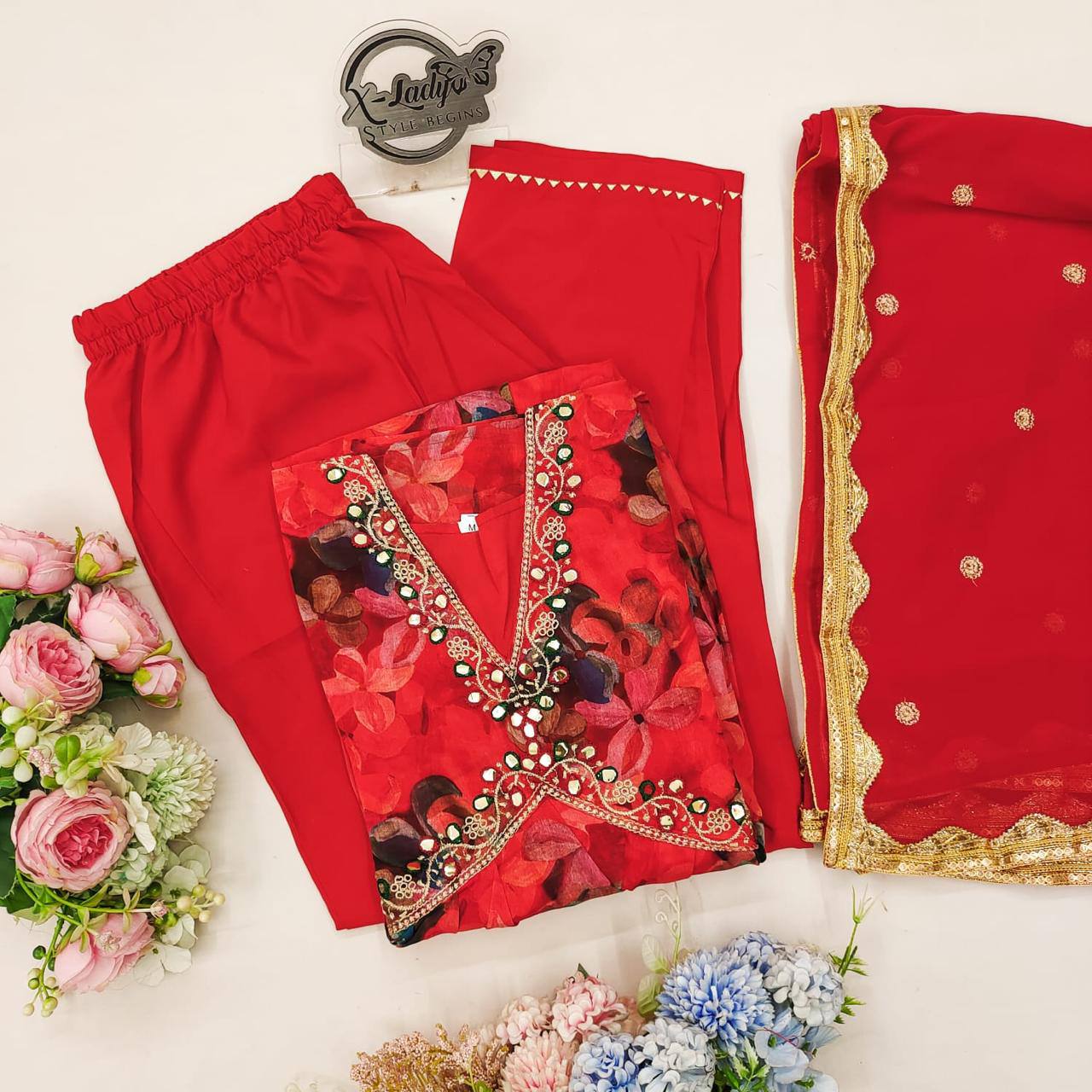 Exquisite Fox Georgette Alia Cut Suit Set with Mirror Work, Hand Embroidery & Lace Dupatta