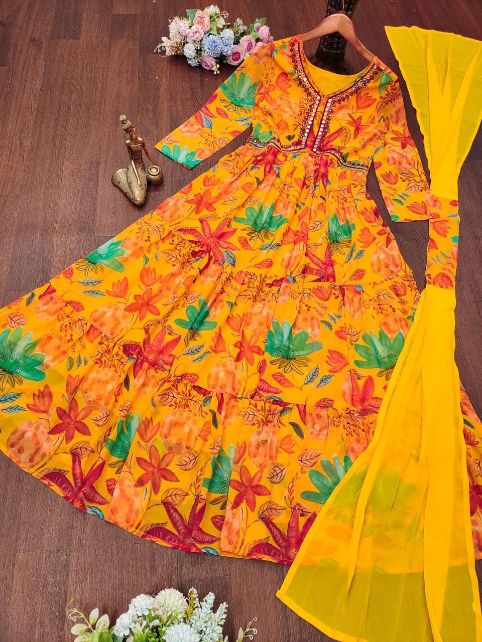 Elegant Georgette Anarkali Gown with Printed Pant & Embroidered Dupatta