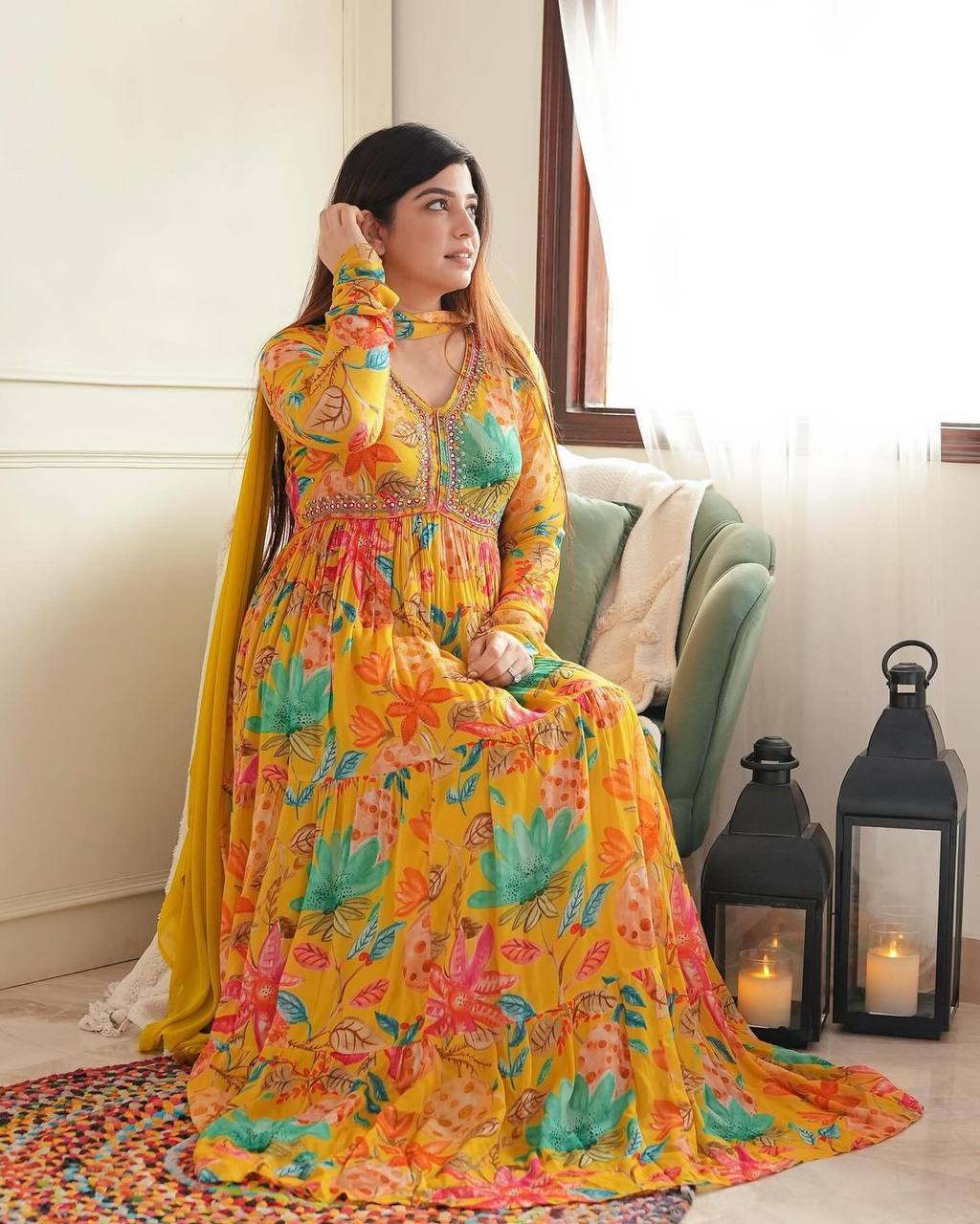 Elegant Georgette Anarkali Gown with Printed Pant & Embroidered Dupatta