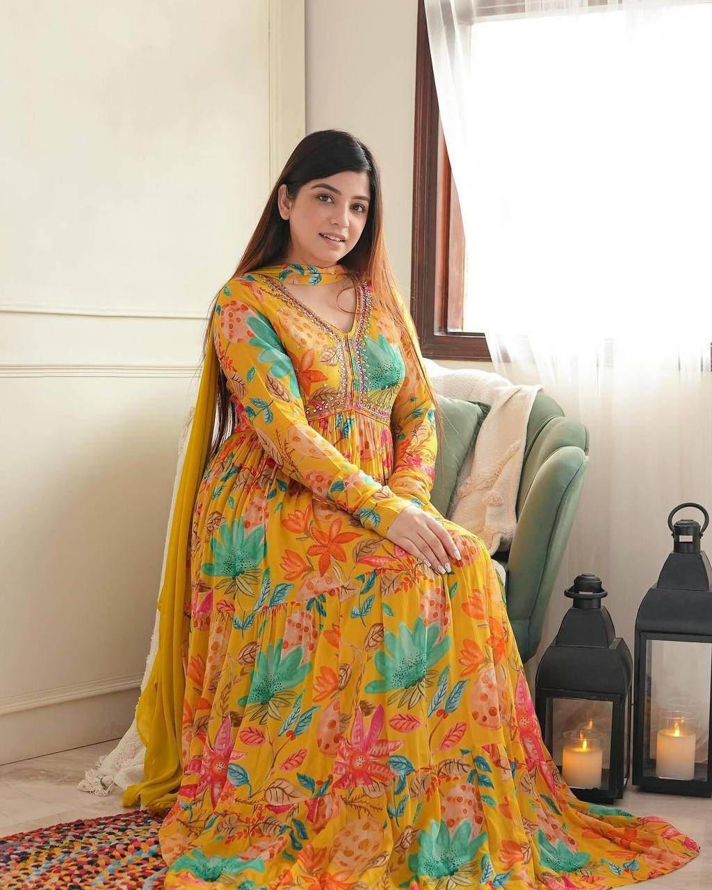 Elegant Georgette Anarkali Gown with Printed Pant & Embroidered Dupatta