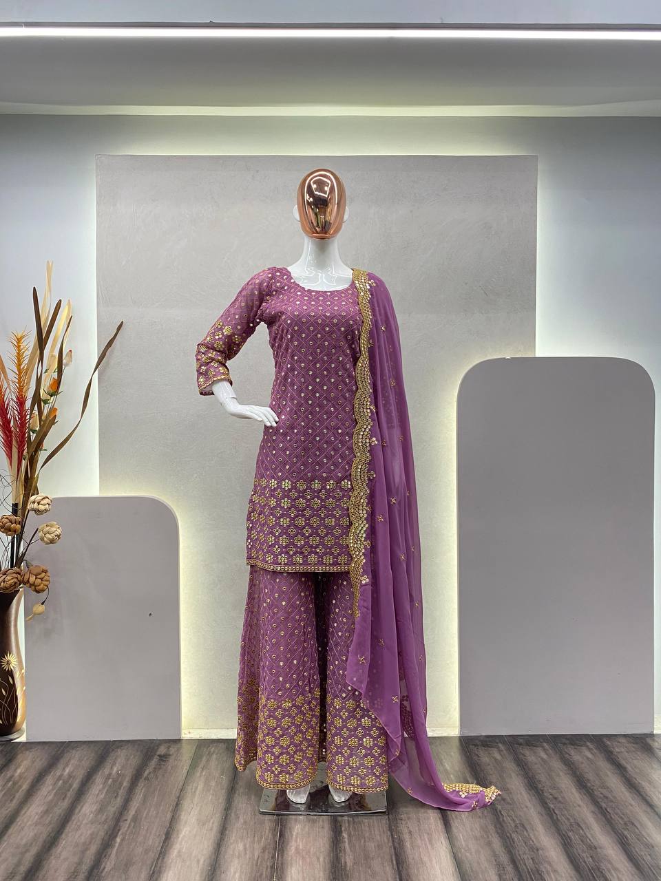 "Elegant Georgette 9mm Sequin Work Suit with Stitched Sharara & Embroidered Dupatta"