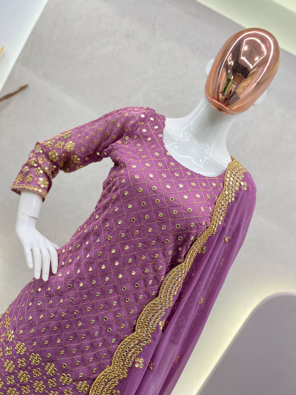 "Elegant Georgette 9mm Sequin Work Suit with Stitched Sharara & Embroidered Dupatta"