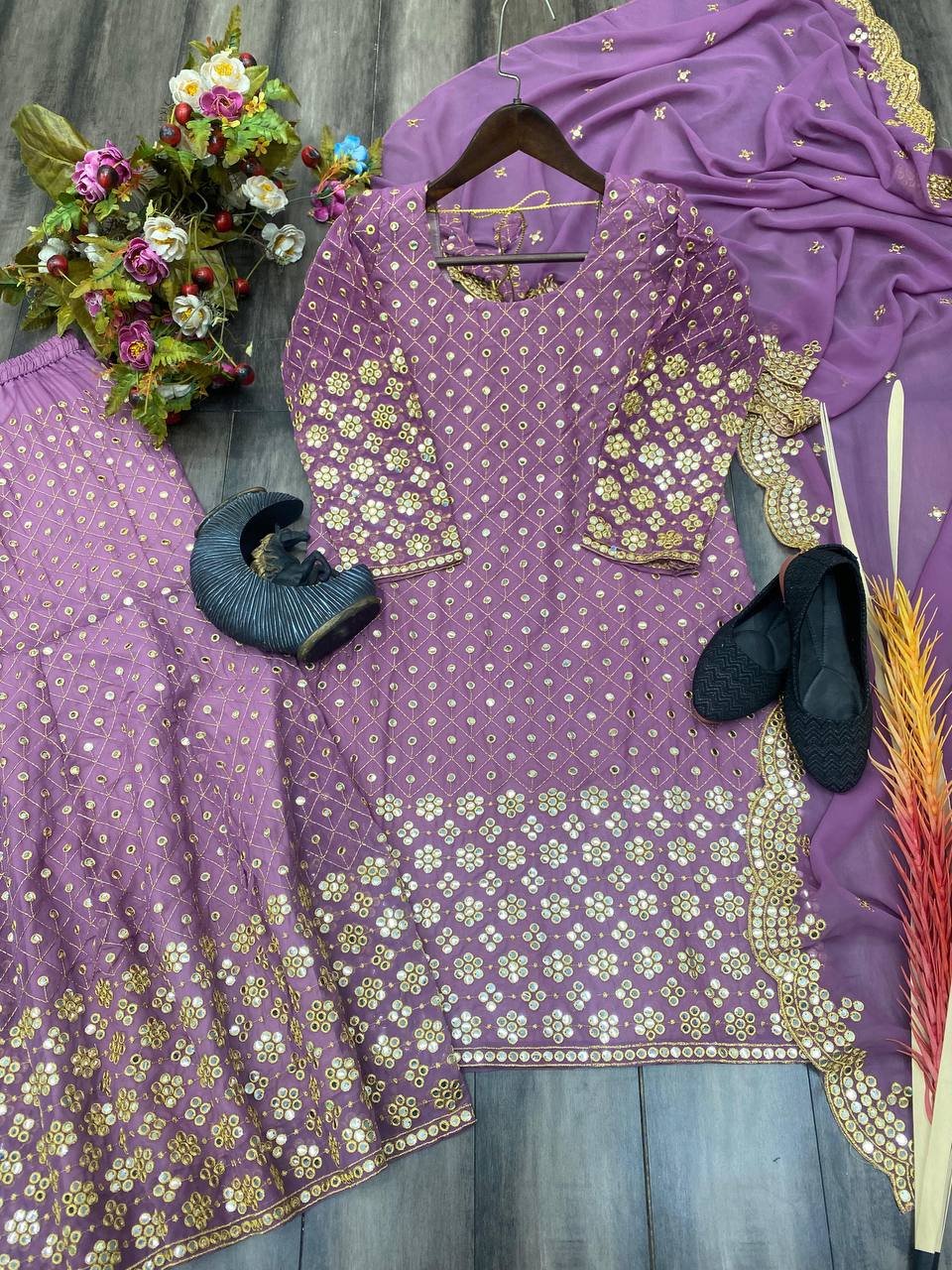 "Elegant Georgette 9mm Sequin Work Suit with Stitched Sharara & Embroidered Dupatta"