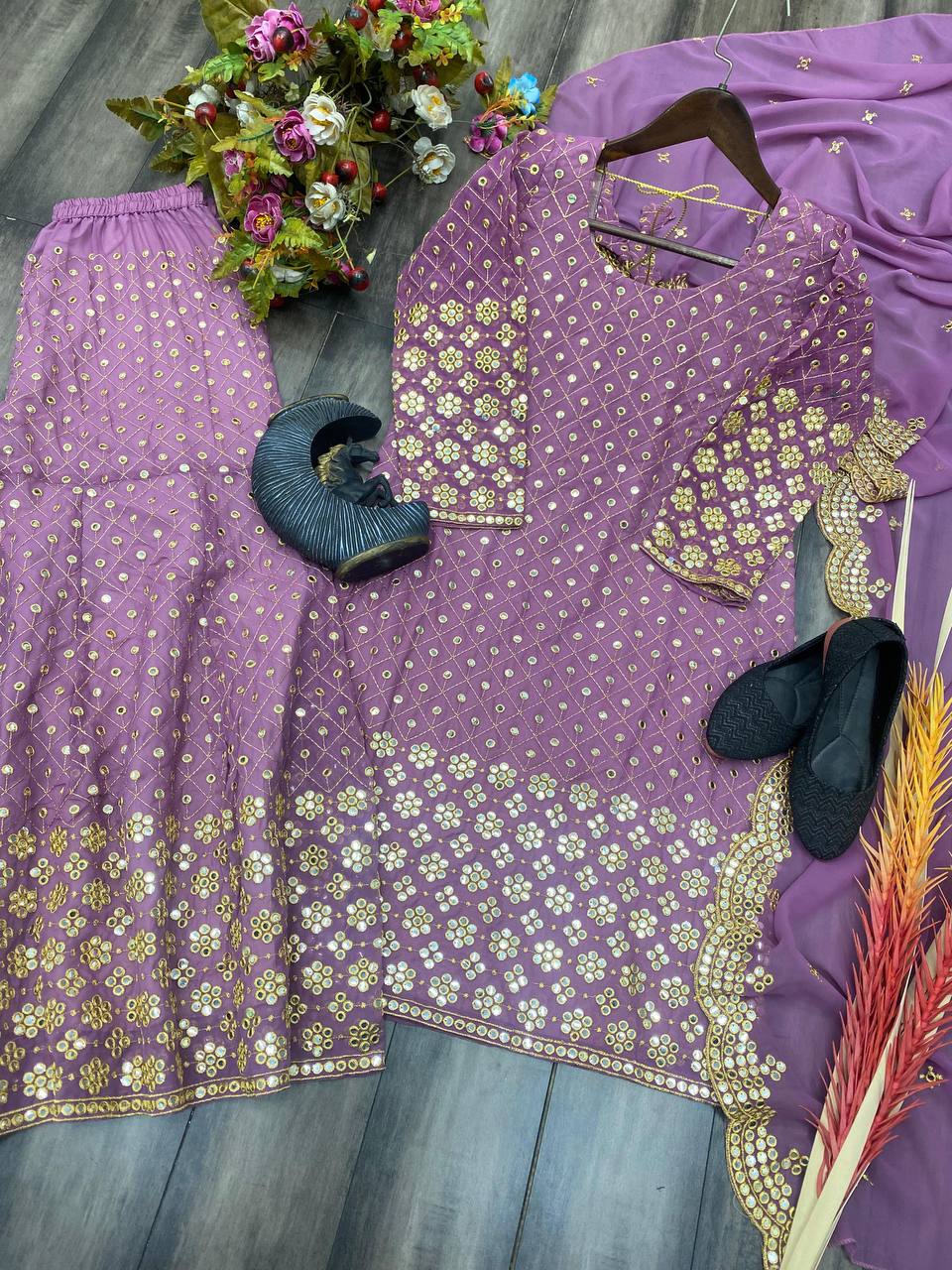 "Elegant Georgette 9mm Sequin Work Suit with Stitched Sharara & Embroidered Dupatta"