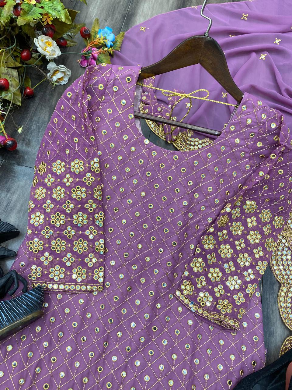 "Elegant Georgette 9mm Sequin Work Suit with Stitched Sharara & Embroidered Dupatta"