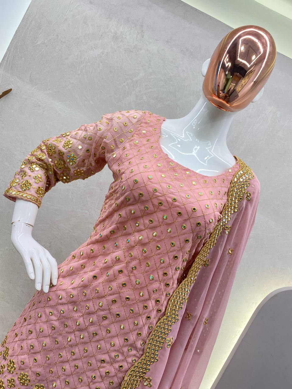 "Elegant Georgette 9mm Sequin Work Suit with Stitched Sharara & Embroidered Dupatta"