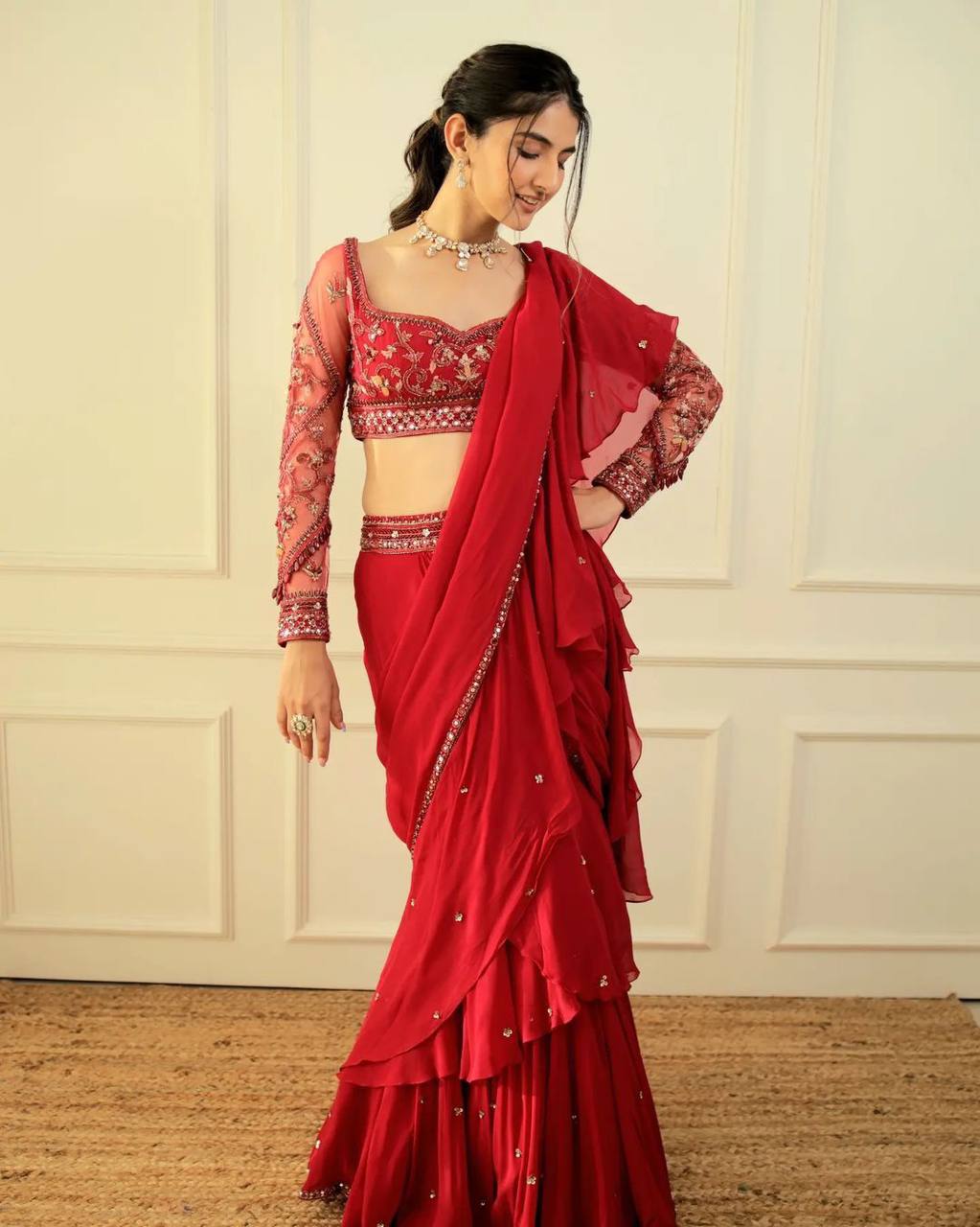 "Stylish Faux Georgette Lehenga Saree with Sequin & Moti Work and Embroidered Choli"