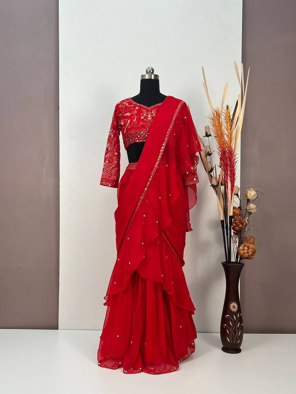 "Stylish Faux Georgette Lehenga Saree with Sequin & Moti Work and Embroidered Choli"