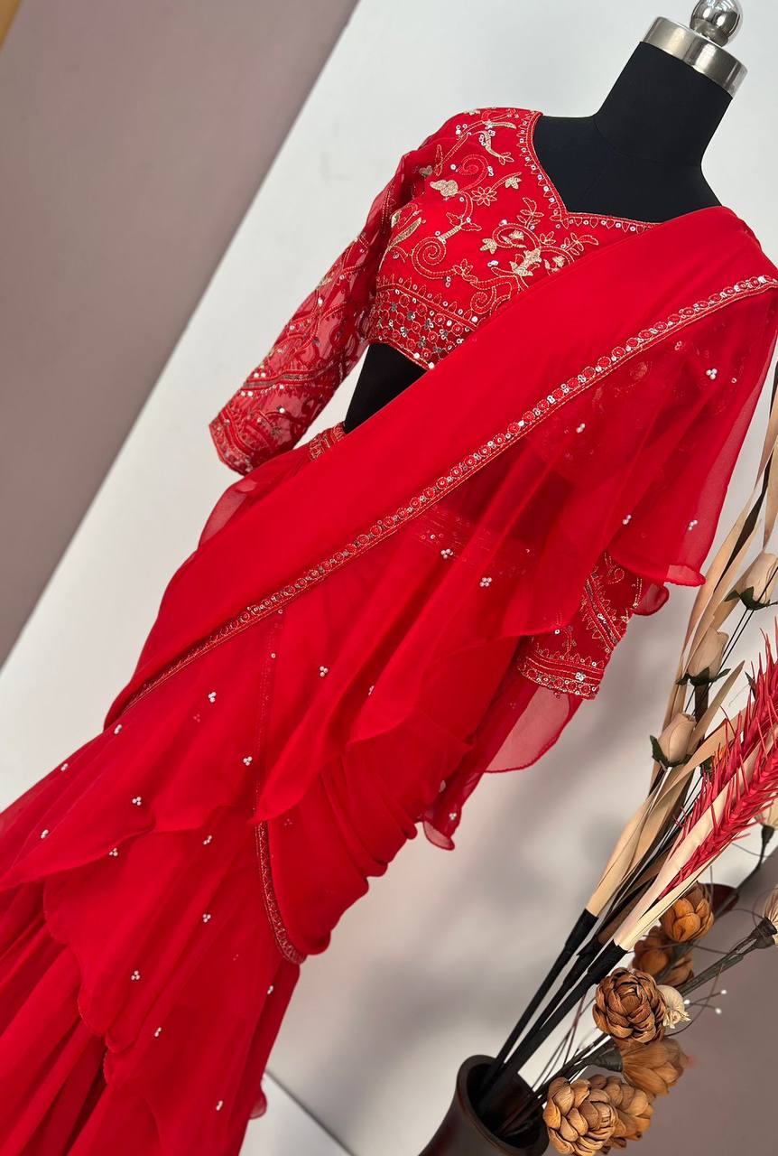 "Stylish Faux Georgette Lehenga Saree with Sequin & Moti Work and Embroidered Choli"