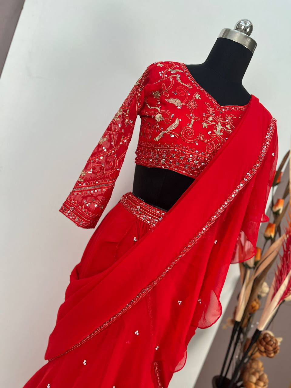 "Stylish Faux Georgette Lehenga Saree with Sequin & Moti Work and Embroidered Choli"