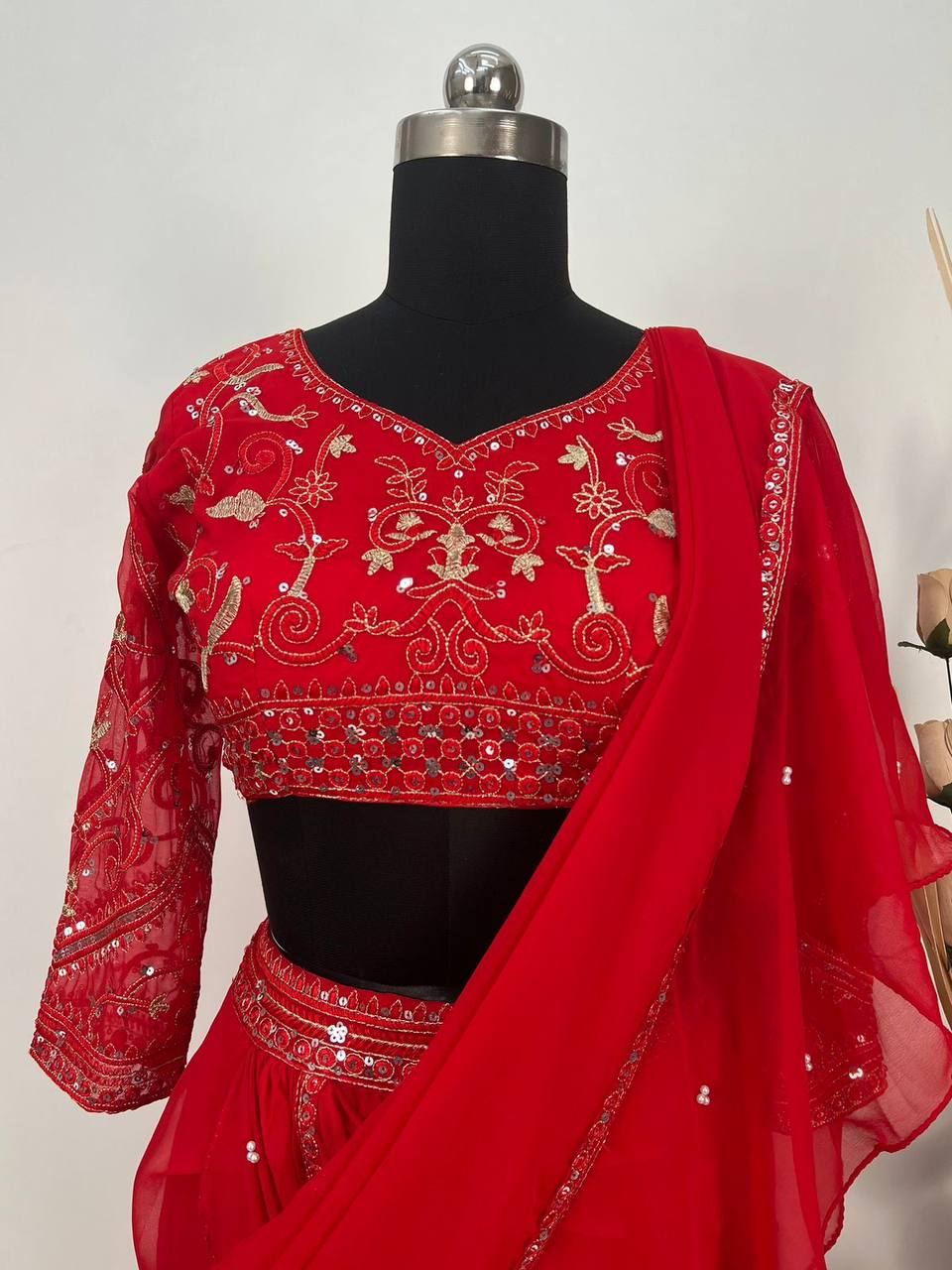 "Stylish Faux Georgette Lehenga Saree with Sequin & Moti Work and Embroidered Choli"