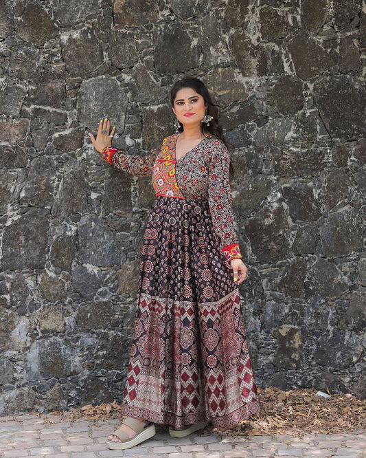 "Exclusive 2024 Navratri Rayon Mirror Work Gown – Printed Elegance with 4-Meter Flair"