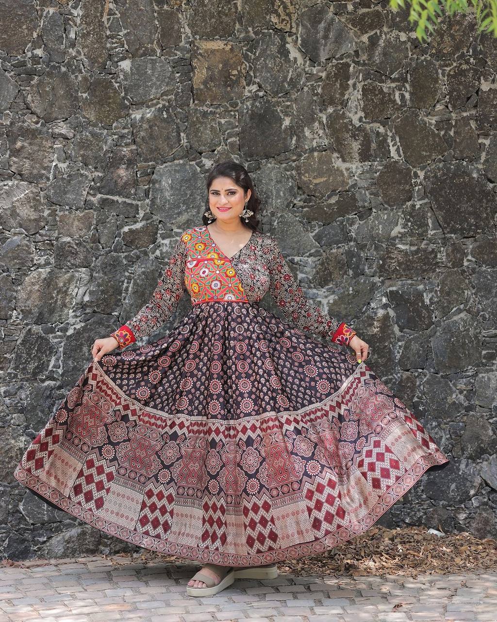 "Exclusive 2024 Navratri Rayon Mirror Work Gown – Printed Elegance with 4-Meter Flair"