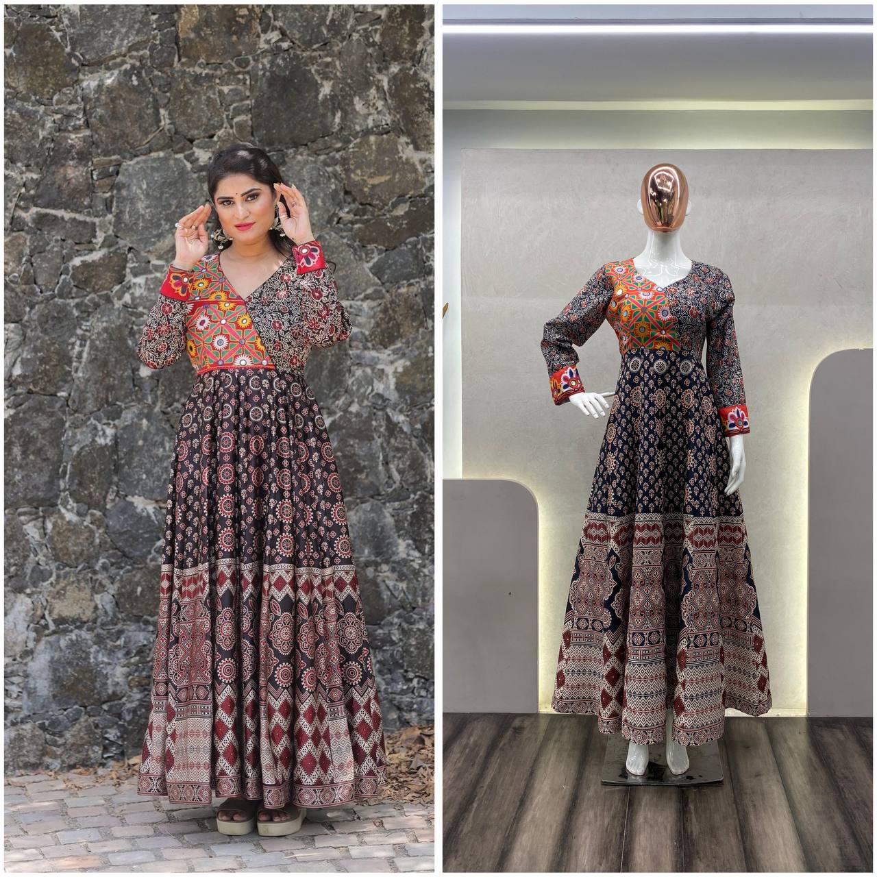 "Exclusive 2024 Navratri Rayon Mirror Work Gown – Printed Elegance with 4-Meter Flair"