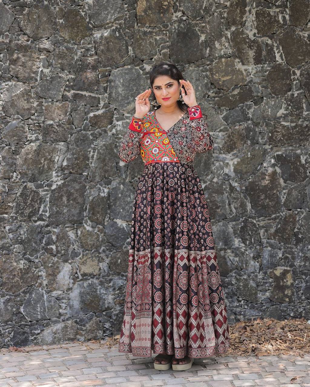 "Exclusive 2024 Navratri Rayon Mirror Work Gown – Printed Elegance with 4-Meter Flair"