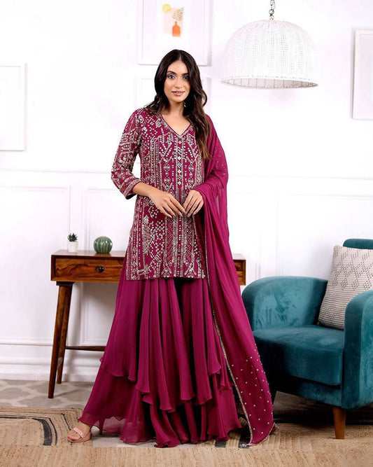 "Trendy Faux Georgette Sequin Embroidery Suit with Ruffle Plazo & Moti Work Dupatta"