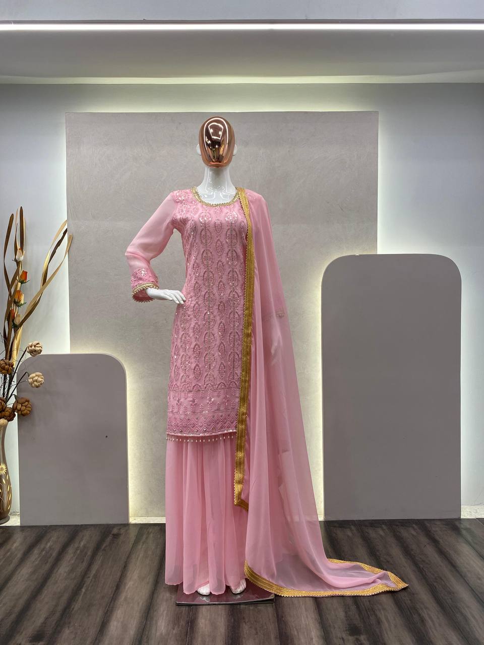 "Elegant Georgette Sequin Embroidered Suit with Stitched Sharara & Lace Work Dupatta"