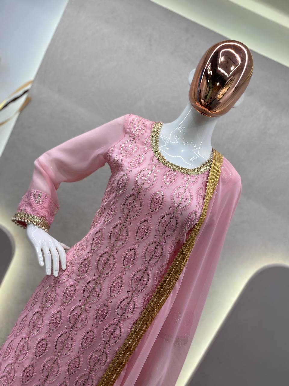 "Elegant Georgette Sequin Embroidered Suit with Stitched Sharara & Lace Work Dupatta"