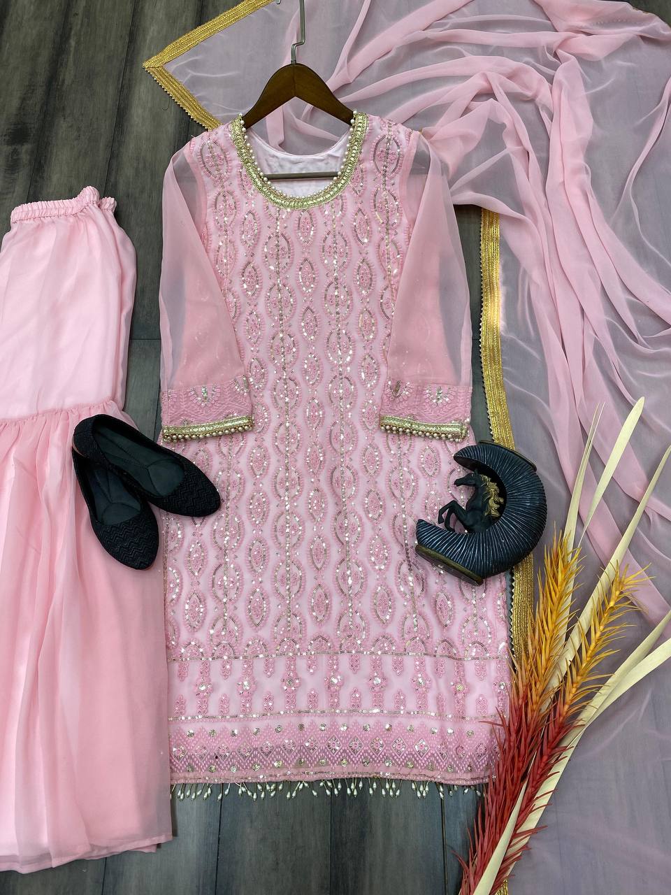 "Elegant Georgette Sequin Embroidered Suit with Stitched Sharara & Lace Work Dupatta"