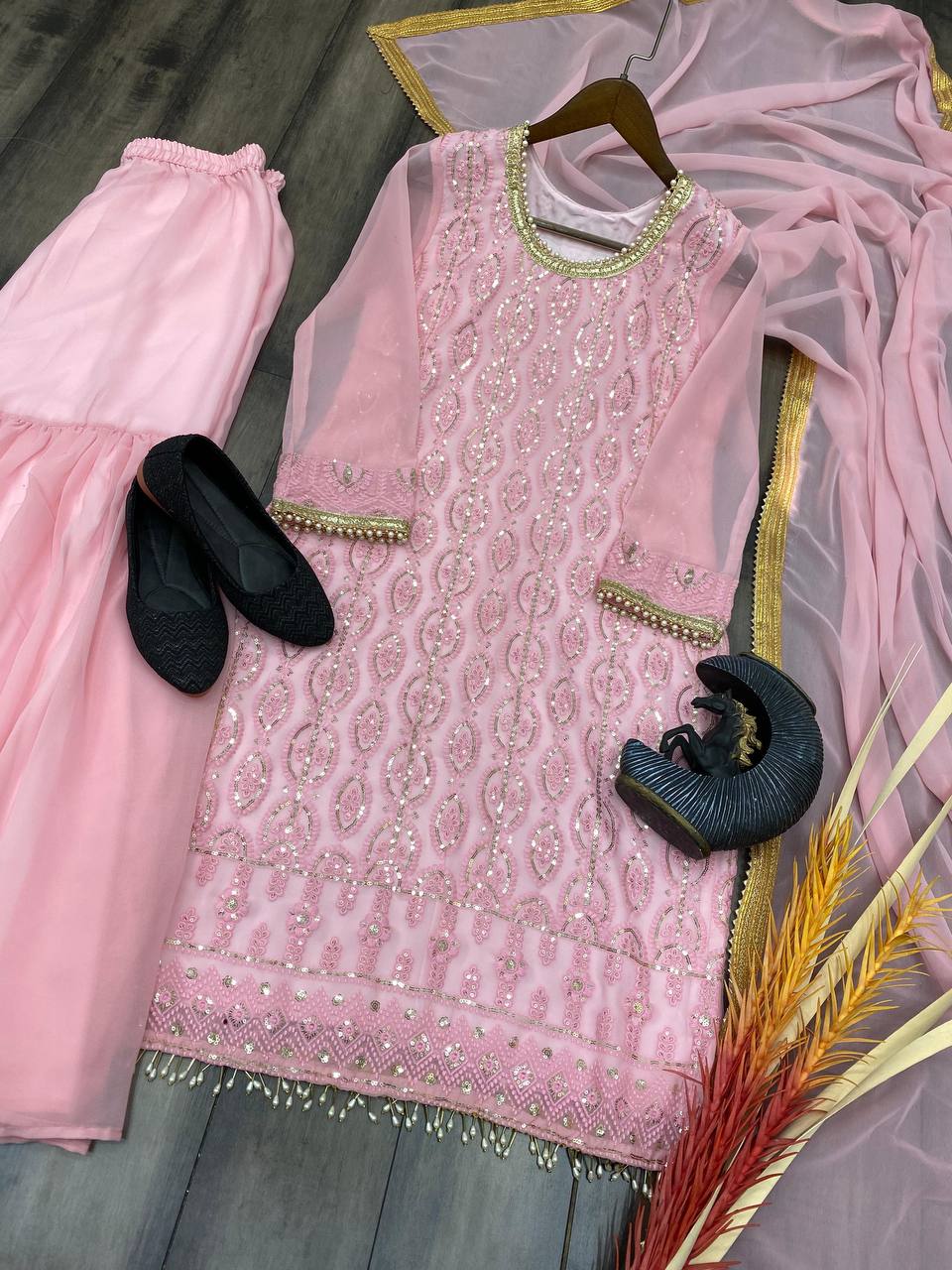 "Elegant Georgette Sequin Embroidered Suit with Stitched Sharara & Lace Work Dupatta"