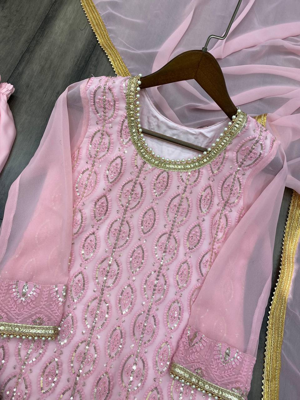 "Elegant Georgette Sequin Embroidered Suit with Stitched Sharara & Lace Work Dupatta"