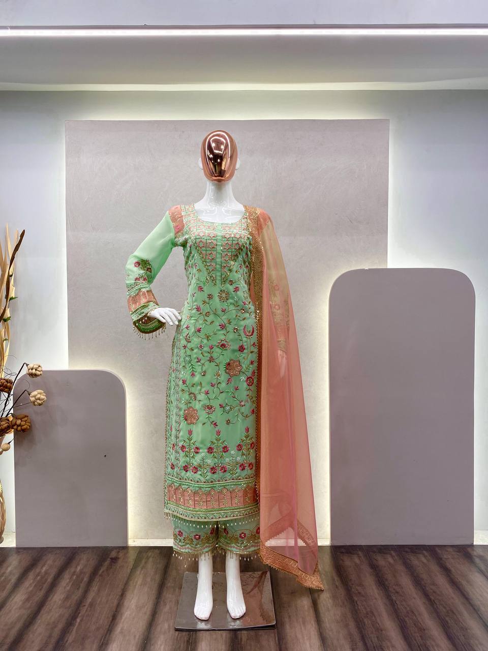 "Elegant Faux Georgette Sequin Embroidered Suit with Stitched Pant & Lace Work Dupatta"