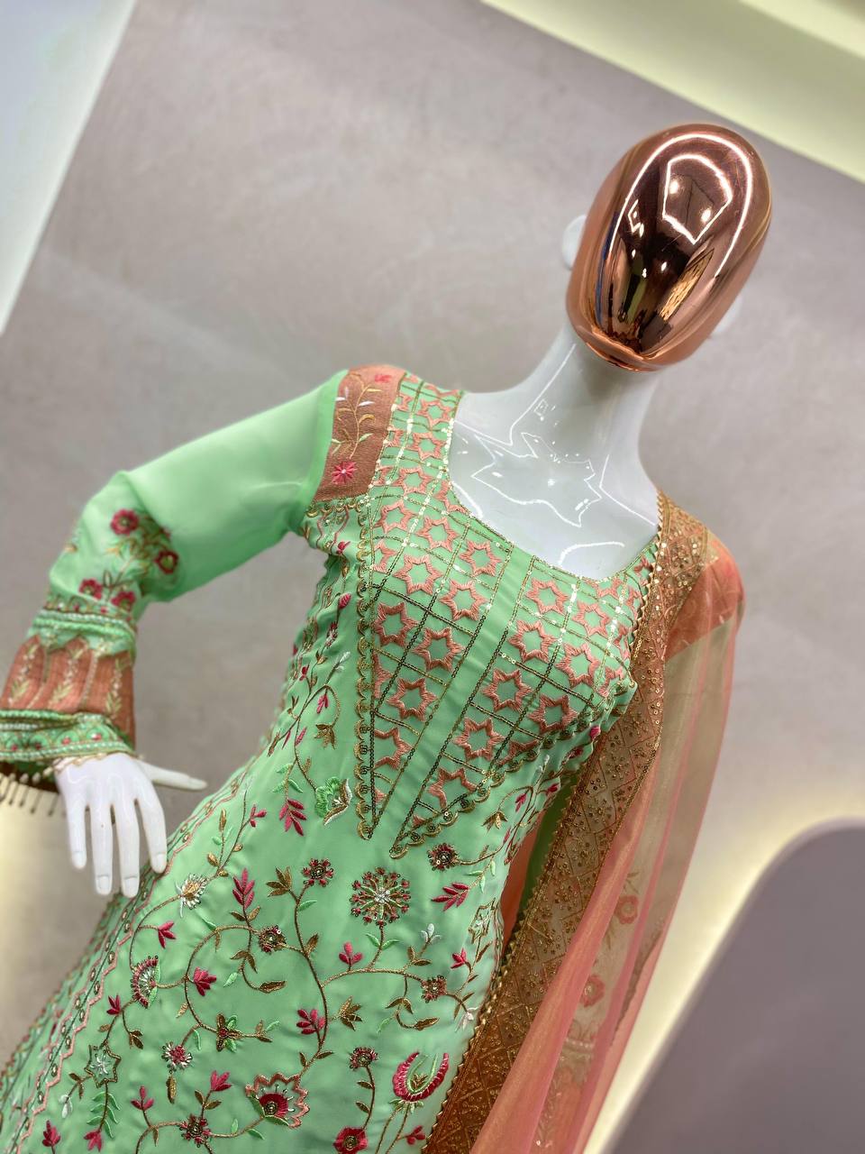 "Elegant Faux Georgette Sequin Embroidered Suit with Stitched Pant & Lace Work Dupatta"