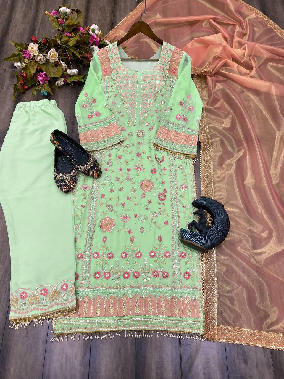 "Elegant Faux Georgette Sequin Embroidered Suit with Stitched Pant & Lace Work Dupatta"