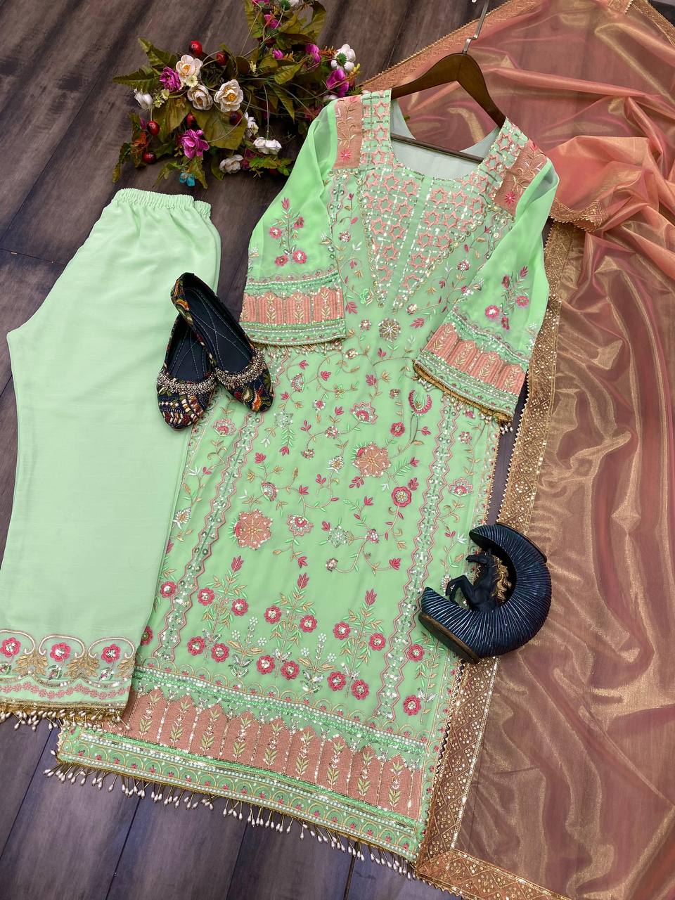 "Elegant Faux Georgette Sequin Embroidered Suit with Stitched Pant & Lace Work Dupatta"