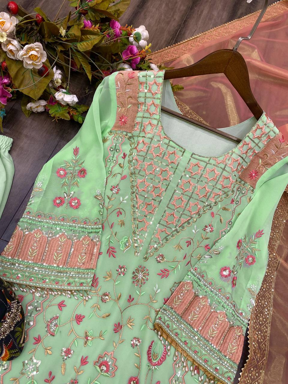 "Elegant Faux Georgette Sequin Embroidered Suit with Stitched Pant & Lace Work Dupatta"