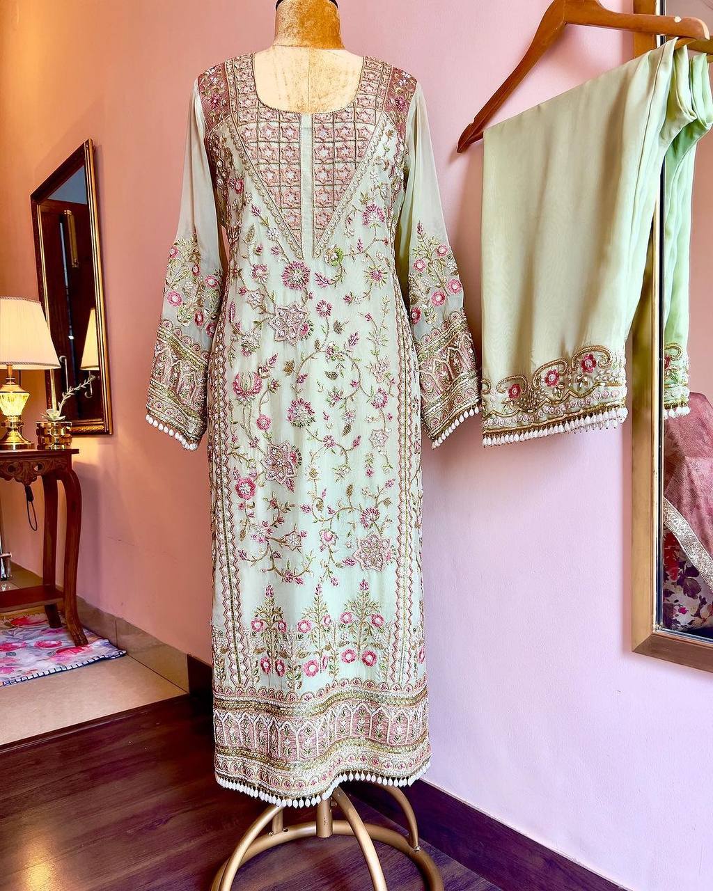 "Elegant Faux Georgette Sequin Embroidered Suit with Stitched Pant & Lace Work Dupatta"