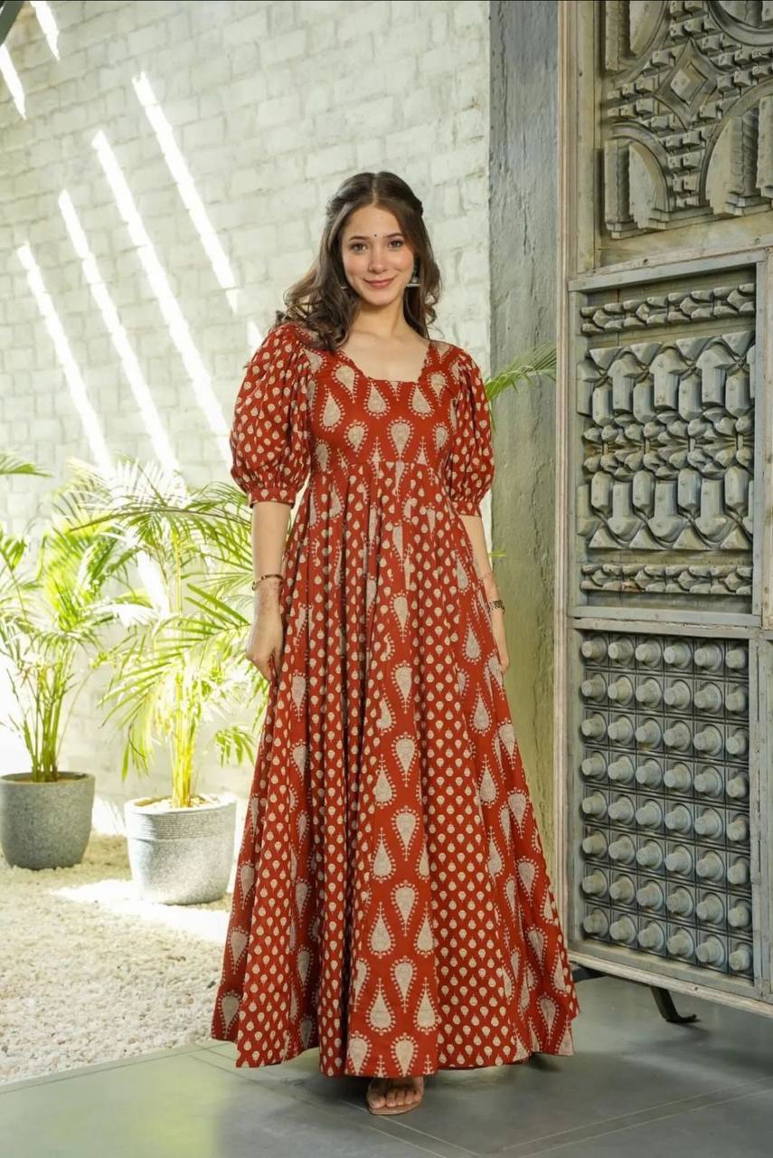 Intricately Designed Heavy Cotton Anarkali Suit Set with Matching Printed Dupatta